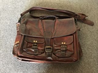 Vintage Brown Leather Satchel Messenger Cross Body Shoulder Bag Buckles
