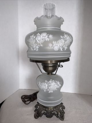 Gwtw A 3 - Way Large Frosted Glass White Etched Rose Floral Display Hurricane Lamp