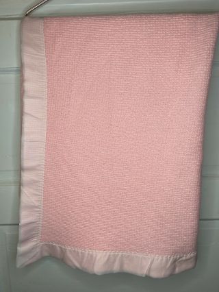Vintage Cotton Blanket Waffle Weave Nylon Trim Full Pink 74 X 88 Pale Light Baby