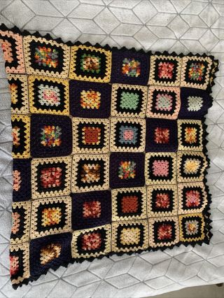 Vintage Handmade Afghan Throw Blanket Multi - Colored Granny Squares Edged Black