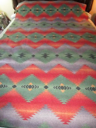 Vintage Wool Camp Blanket Colorful Geometric Indian Design 84x54 Cond