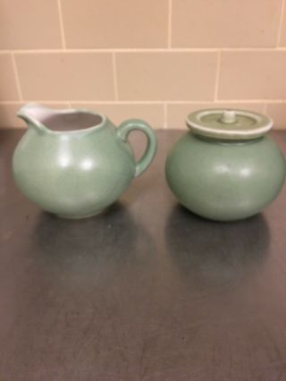 Vintage Celadon Green Stoneware Covered Sugar Bowl And Cream Pitcher Vietnam
