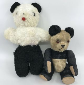 Vintage Panda Bear X 2 Teddy 1 Worn Rod Jointed 1 Unjointed Glass Eyes 8in