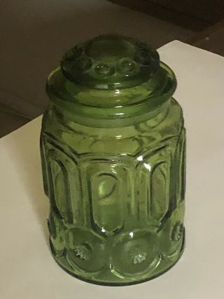 Vtg L E Smith Moon & Stars Tall Green Canister With Lid 9”