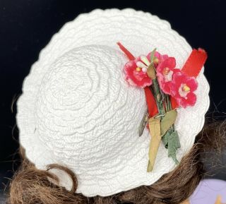White Straw Ginny 8” Doll Hat Bonnet Flower Trim Wide Brim Vogue Ginger Muffie