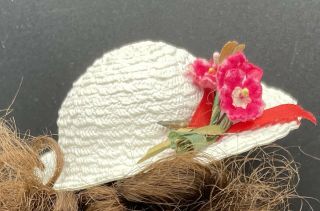 White Straw Ginny 8” Doll Hat Bonnet Flower Trim Wide Brim Vogue Ginger Muffie 2