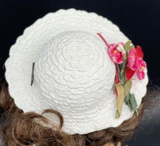 White Straw Ginny 8” Doll Hat Bonnet Flower Trim Wide Brim Vogue Ginger Muffie 3