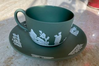 Vintage Wedgwood England Sage Green Jasperware Grecian Coffee Tea Cup & Saucer