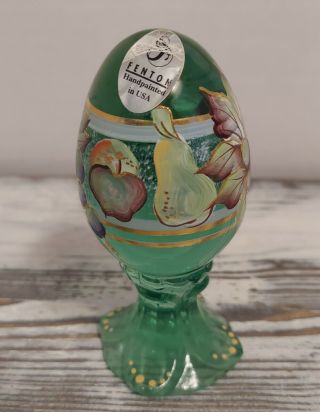 Vintage Fenton Hand Painted Green Art Glass Egg With Fruit Signed - Usa