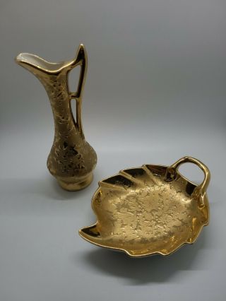Vintage Holley Ross 22k Weeping Gold Splatter China Ewer Pitcher Vase & Plate