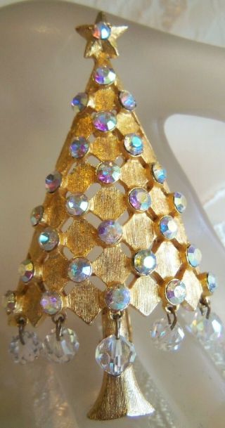 Vintage Mylu Christmas Tree Pin Brooch Ab Aurora Borealis Crystals