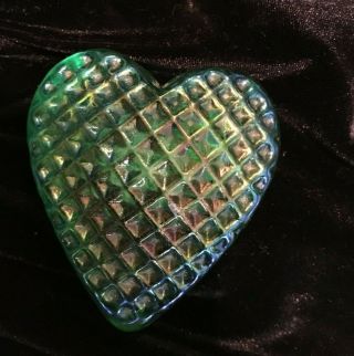 Vintage.  Robert Held Art Glass Heart Iridescent Emerald Green 2.  5 " Signed Rhag