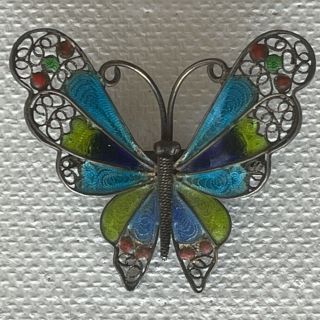 Atq Art Nouveau Italian 800 Silver Filigree Plique A Jour Butterfly Brooch Pin