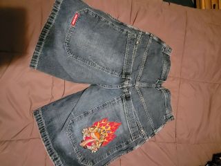 Rare Vintage 90s Jnco Jeans Embroidered Flame Logo Skater Shorts Sz 38 Wide Leg