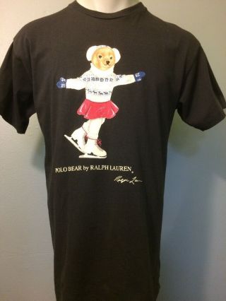 Vtg 90s Ralph Lauren Polo Sport Bear T - Shirt Mens M Ice Skating Black Cotton Usa