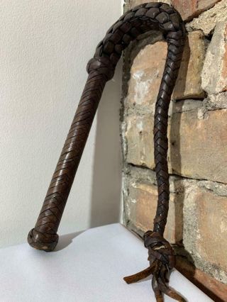 Vintage Leather Bull Whip Braided Leather Wood Handled
