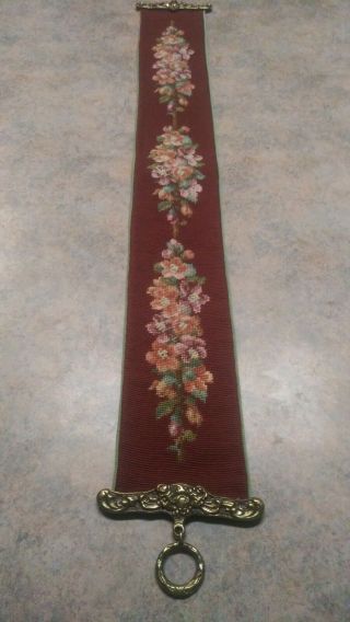 Vintage Floral Needle Point Tapestry Bell Pull With Brass Hardware