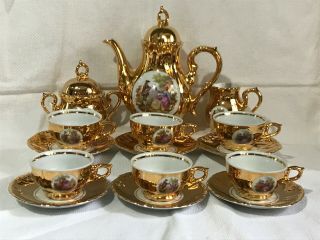 Vintage Gold 15 Piece Bohemian Tea / Coffee Set - Fragonard Courting Couple