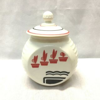 Vintage Vitrock Fireking Mcm Red Flower Pot Grease Jar With Lid