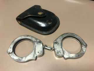 Vintage Police Handcuffs By Star Made In Spain With Leather Case Holder