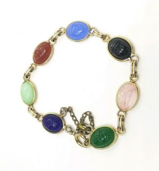 Vintage Multi Colored Glass Scarab Bracelet Gold Tone Setting