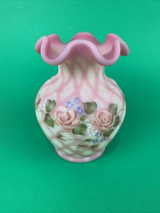 Vintage Fenton Burmese Diamond Optic Pink Small Vase Signed Bill Fenton Label