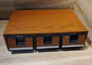 Vintage Tape Cassette Holder Storage Box Teak Wood Effect Retro Holds X42 Vgc
