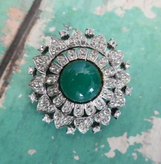 Vtg Signed Robert Mendle Faux Jade Cabochon Rhinestone Studded Dome Pin Brooch