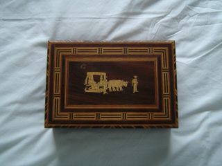 Vintage Inlaid Wood Sewing Box With Key