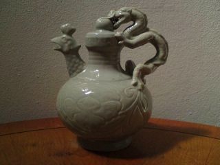 Vintage Chinese Celadon Green Glazed Teapot Dragon Phoenix Puzzle Cadogan