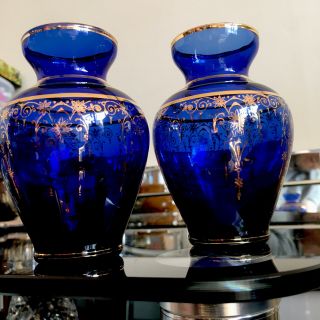 Vintage Murano Art Cobalt Blue Glass Vases Decorated In Gold