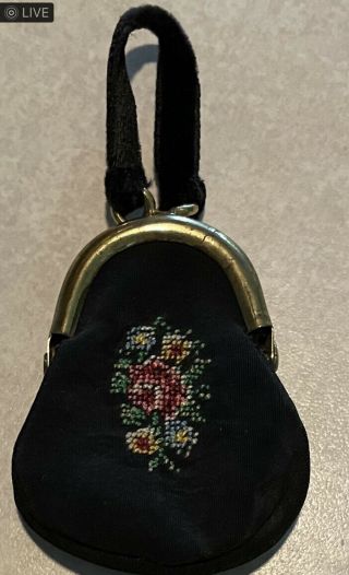 Antique Petit Point Embroidered Fashion Doll Purse Brass Handle Marked Germany