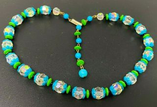 Vintage W.  Germany Blue Green Lucite White Crystal Beaded Necklace 16 "