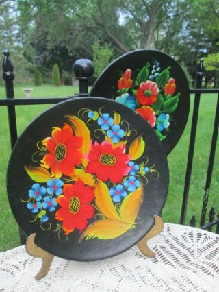 Vintage Russian Folk Art Hand Painted Flowers Black Lacquer Wood Plate Pair 12 "