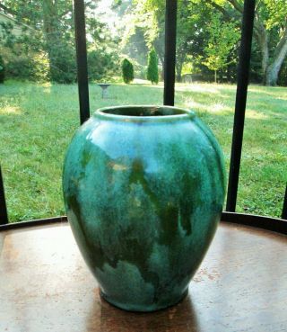 Vtg Arts And Crafts Yellow Ware Brush Mccoy Onyx Green Glaze Pottery Vase 6 7/8 "