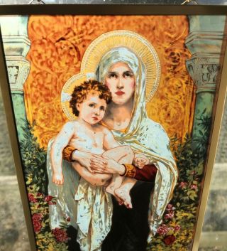 Vintage Hanging Faux Stained Glass Panel Madonna And Child 1980s