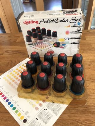Vintage Rotring Artist Color Set 1 - 12 X Bottles With Pipettes,  Colour Chart