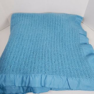 Vintage Chatham Acrylic Blanket Satin Trim Blue Waffle Weave 82 " × 104 " Esmond