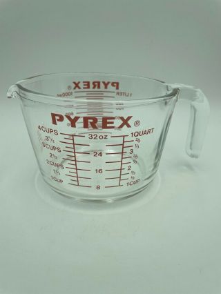 Vintage Pyrex 4 Cup/1 Qt/32 Oz J Handle Red Letters 532 Measure Borosilicate