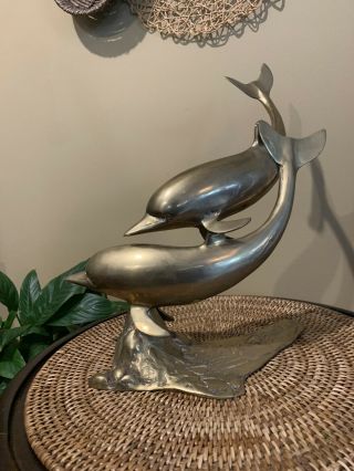 Vintage Large Brass Dolphins Two Statue Decor Nautical Sea Decor Swimming 15.  5 "