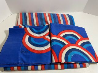 Vtg 70s Vera Neumann Burlington Fitted Stripe Sheet Mod 2 King Pillow Cases