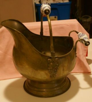 Vintage Dutch Copper Brass Coal Ash Bucket Lion Head Delft Handles One Moveable