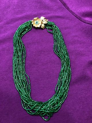 Vintage Emerald Green Glass Seed Bead Multi - Strand Necklace