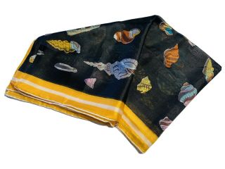 Vintage Breton Black Yellow Blue Sea Shell Print 100 Silk Scarf Made In Japan