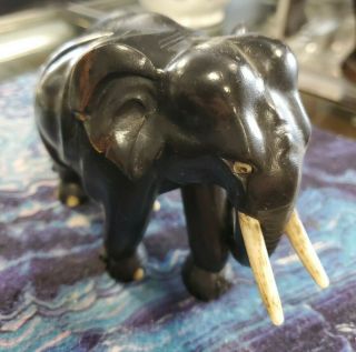 Vintage Ebony Hand Carved Wooden Elephant Figurine 4 " X6 "