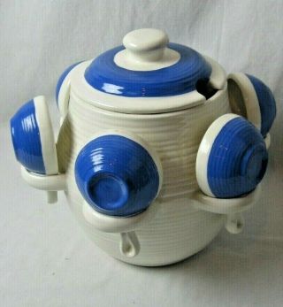 Vintage Blue/white Ceramic Soup Tureen Bowl 1.  5 Gallon W/lid 6 Cup Bowls Rare