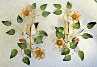 Vtg Tole Toleware Metal Wall Sconce Candle Holders Flowers 11 " By 8 "