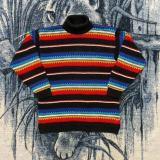Vtg Striped Sweater Turtleneck Petite Small Cotton 80s 90s Colorful Pullover
