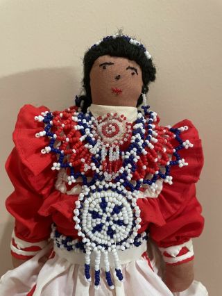 Navajo Cloth Doll 11 Inches Vintage Hand Made W Beaded Jewelry Embroidered Face