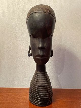 Vintage Hand Carved Ebony Wood Woman Bust Tribal African Head Statue 8.  5”h